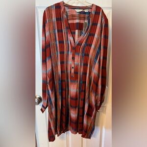 NWT 11-1-Tylho Anthropologie Rust and Blue Plaid Long Sleeve Dress Size: L